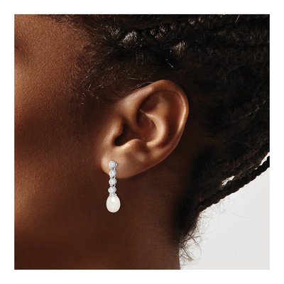Sterling Silver Freshwater Cultured Pearl & CZ Dangle Earrings – view 4
