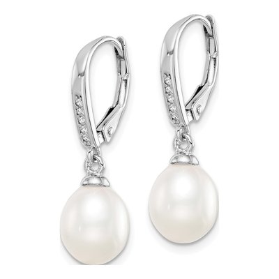 Sterling Silver Freshwater Cultured Pearl & CZ Leverback Earrings – view 3