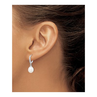Sterling Silver Freshwater Cultured Pearl & CZ Leverback Earrings – view 4