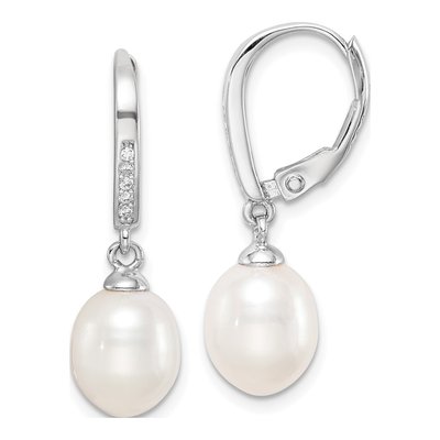 Sterling Silver Freshwater Cultured Pearl & CZ Leverback Earrings