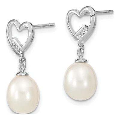 Sterling Silver Freshwater Cultured Pearl & CZ Heart Dangle Earrings – view 3