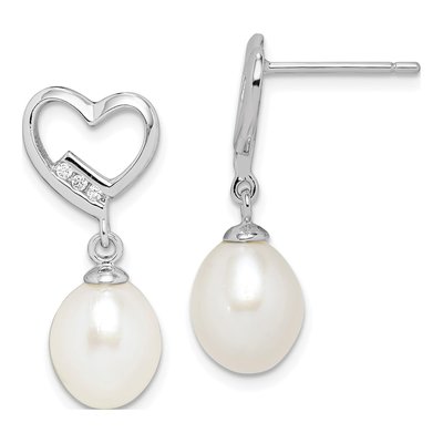 Sterling Silver Freshwater Cultured Pearl & CZ Heart Dangle Earrings