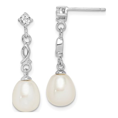 Sterling Silver Freshwater Cultured Pearl & CZ Dangle Earrings