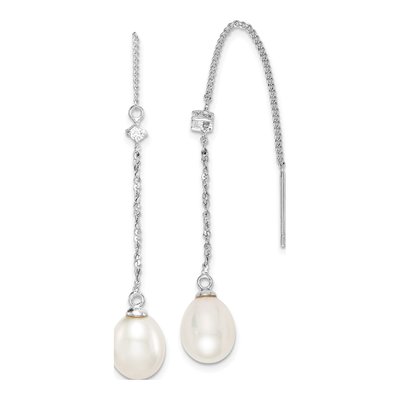 Sterling Silver Freshwater Cultured Pearl & CZ Threader Earrings