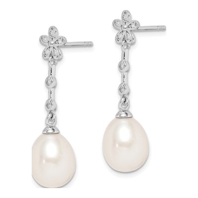 Sterling Silver Freshwater Cultured Pearl & CZ Flower Dangle Earrings – view 3