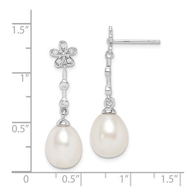 Sterling Silver Freshwater Cultured Pearl & CZ Flower Dangle Earrings – view 5