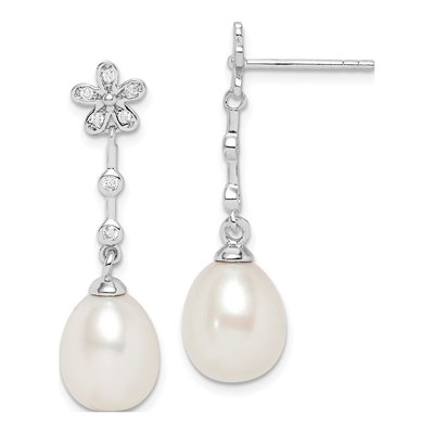 Sterling Silver Freshwater Cultured Pearl & CZ Flower Dangle Earrings