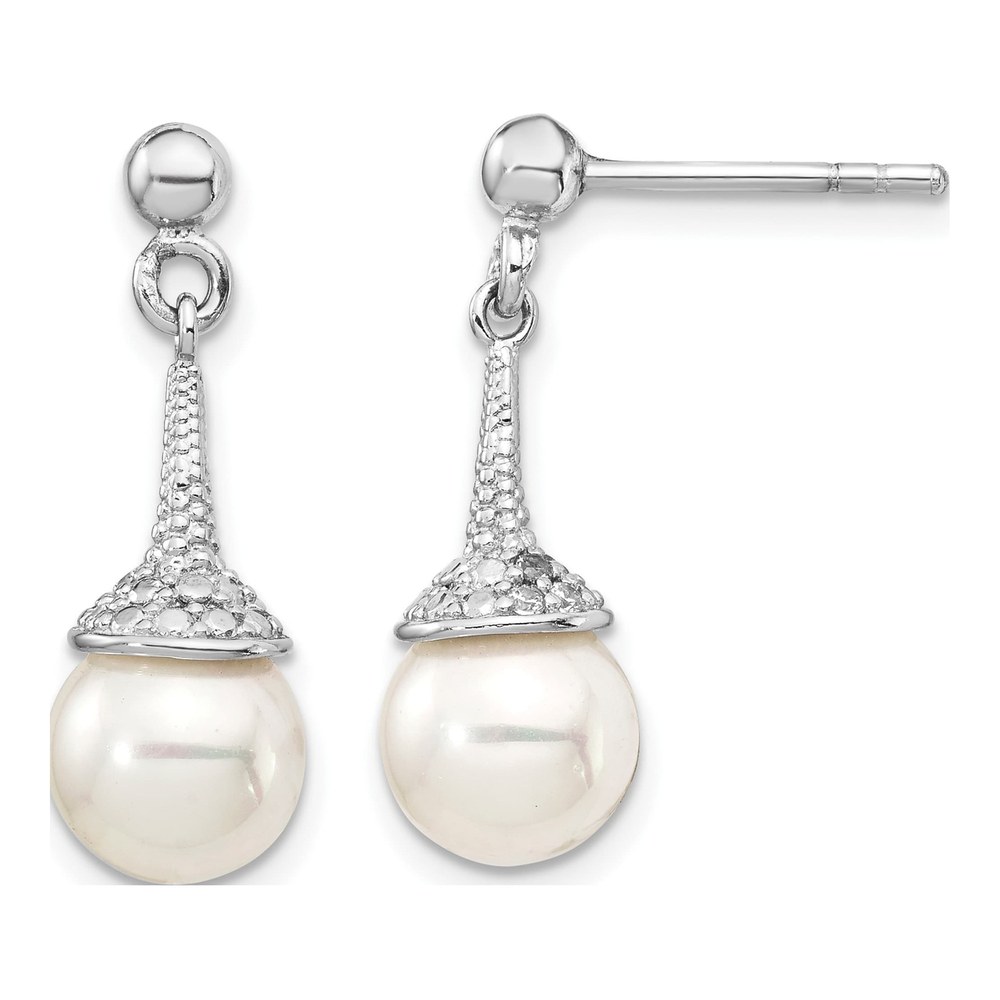 Sterling Silver Simulated Pearl & CZ Shell Dangle Earrings