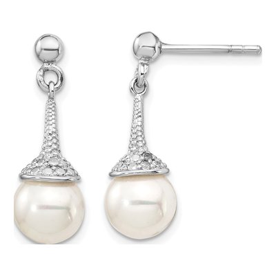 Sterling Silver Simulated Pearl & CZ Shell Dangle Earrings