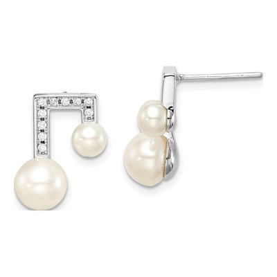 Sterling Silver Round Freshwater Cultured Pearl & CZ Button Stud Earrings