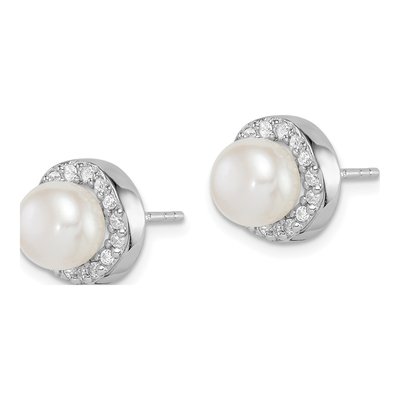 Sterling Silver Freshwater Cultured Pearl & CZ Button Stud Earrings – view 3