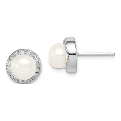 Sterling Silver Freshwater Cultured Pearl & CZ Button Stud Earrings