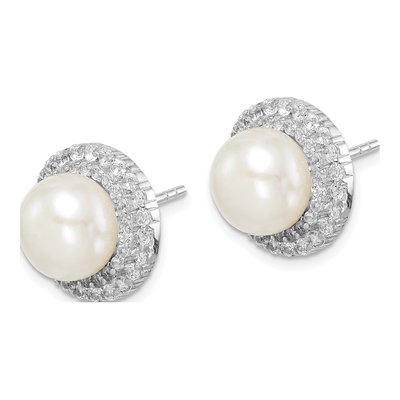 Sterling Silver Button Freshwater Cultured Pearl & CZ Stud Earrings – view 3
