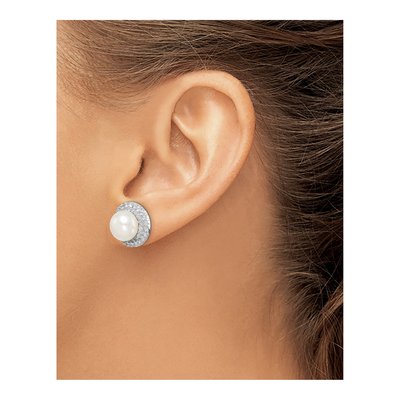 Sterling Silver Button Freshwater Cultured Pearl & CZ Stud Earrings – view 4