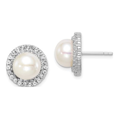 Sterling Silver Button Freshwater Cultured Pearl & CZ Stud Earrings