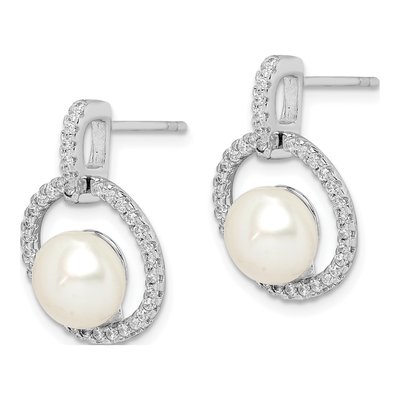 Sterling Silver Freshwater Cultured Pearl & CZ Dangle Earrings – view 2