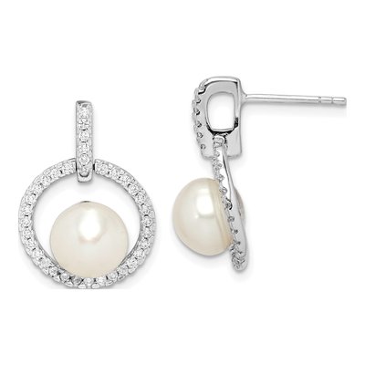 Sterling Silver Freshwater Cultured Pearl & CZ Dangle Earrings