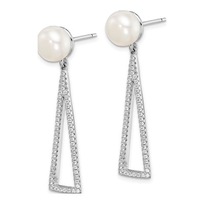 Sterling Silver Freshwater Pearl & CZ Drop Earrings – view 3