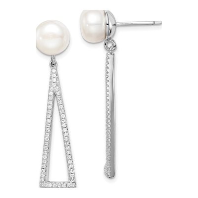 Sterling Silver Freshwater Cultured Pearl & CZ Dangle Earrings