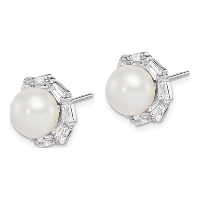 Sterling Silver Freshwater Cultured Pearl & CZ Button Stud Earrings – view 3