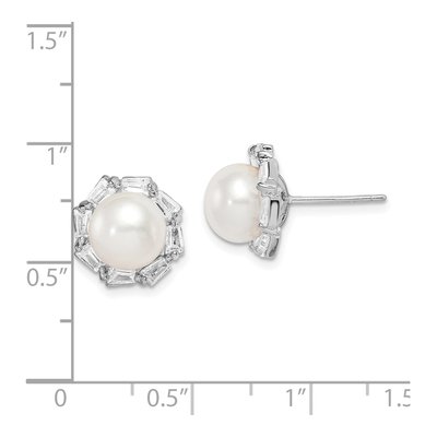 Sterling Silver Freshwater Cultured Pearl & CZ Button Stud Earrings – view 5