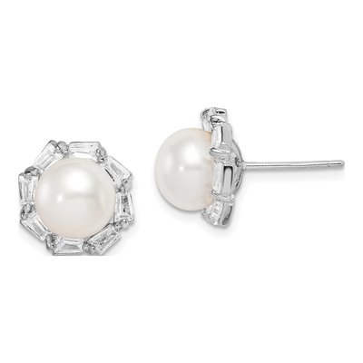 Sterling Silver Freshwater Cultured Pearl & CZ Button Stud Earrings