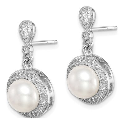 Sterling Silver Simulated Pearl & CZ Shell Dangle Earrings – view 3