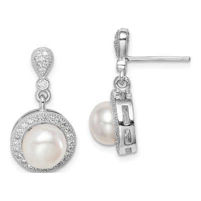 Sterling Silver Simulated Pearl & CZ Shell Dangle Earrings
