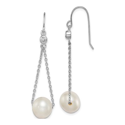 Sterling Silver Freshwater Cultured Pearl & CZ Dangle Earrings
