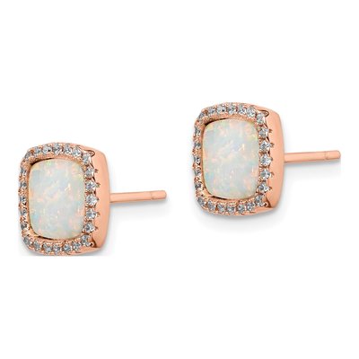 Rose Gold-Plated Sterling Silver 7mm Cushion Lab-Created Opal & CZ Halo Stud Earrings – view 3