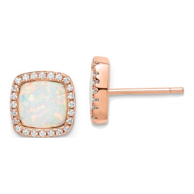 Rose Gold-Plated Sterling Silver 7mm Cushion Lab-Created Opal & CZ Halo Stud Earrings