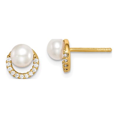 Gold-Plated Sterling Silver Freshwater Cultured Pearl & CZ Button Stud Earrings