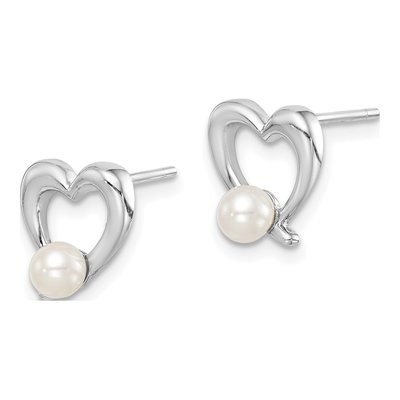 Sterling Silver Round Freshwater Cultured Pearl Heart Stud Earrings – view 3