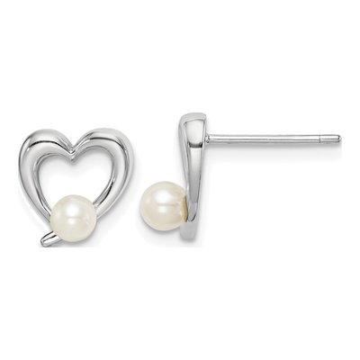 Sterling Silver Round Freshwater Cultured Pearl Heart Stud Earrings