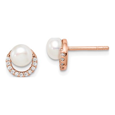 Rose Gold-Plated Sterling Silver Freshwater Cultured Pearl & CZ Button Stud Earrings