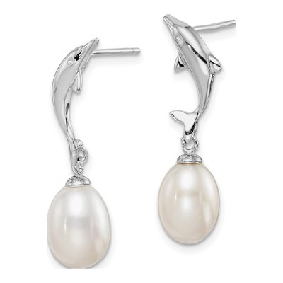 Sterling Silver Freshwater Cultured Pearl Dolphin Dangle Earrings – view 3