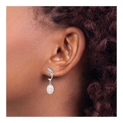 Sterling Silver Freshwater Cultured Pearl Dolphin Dangle Earrings – view 4