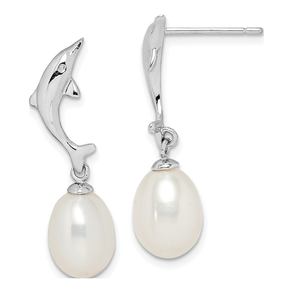 Sterling Silver Freshwater Pearl Dolphin Dangle Earrings