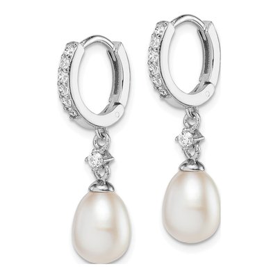 Sterling Silver 29mm Freshwater Cultured Pearl & CZ Huggie Hoop Earrings – view 2