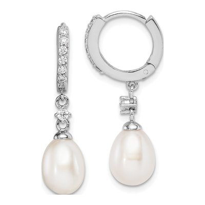 Sterling Silver 29mm Freshwater Cultured Pearl & CZ Huggie Hoop Earrings