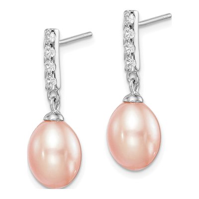 Sterling Silver Pink Freshwater Cultured Pearl & CZ Teardrop Dangle Earrings – view 2