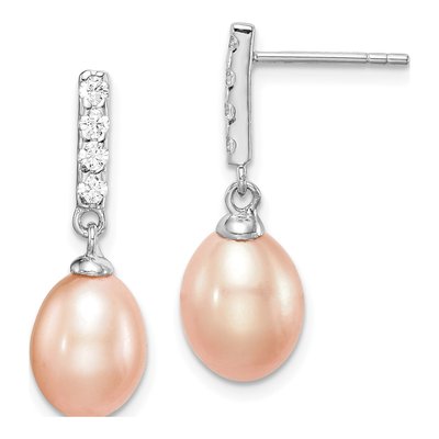 Sterling Silver Pink Freshwater Cultured Pearl & CZ Teardrop Dangle Earrings