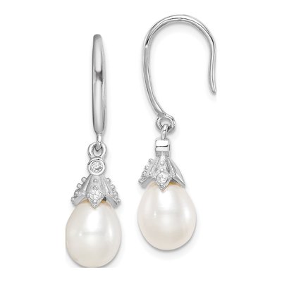 Sterling Silver Freshwater Cultured Pearl & CZ Dangle Earrings