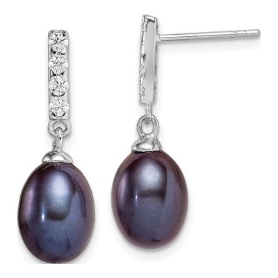Sterling Silver Black Freshwater Cultured Pearl & CZ Dangle Earrings