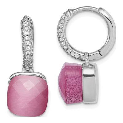 Sterling Silver CZ Cr Pink Cat's Eye Dangle Earrings
