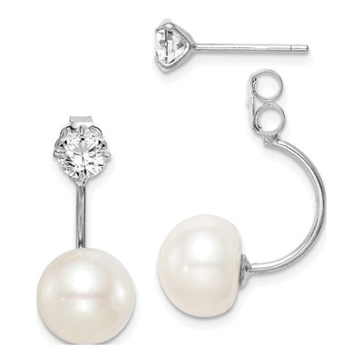 Sterling Silver Freshwater Cultured Pearl & CZ Front-Back Dangle Earrings