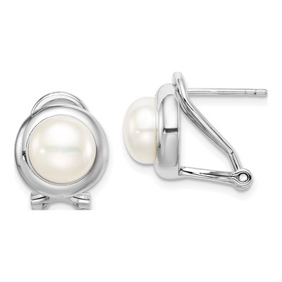 Sterling Silver Button Freshwater Cultured Pearl Omega Back Stud Earrings