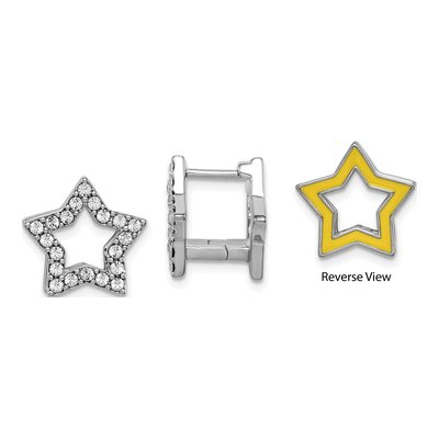 Sterling Silver 14mm Crystal Enamel Star Huggie Hoop Earrings