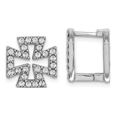 Sterling Silver 12mm Blk Enamel Cross Crystal Huggie Hoop Earrings