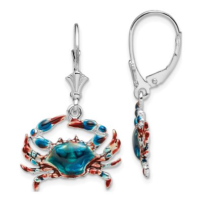 Sterling Silver Enameled Blue Crab Leverback Earrings